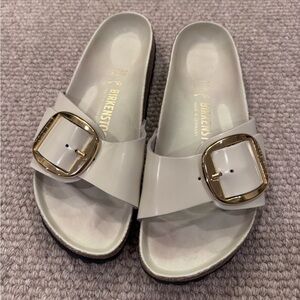 Birkenstock Madrid Single Strap Sandals with Gold Buckle in Cream